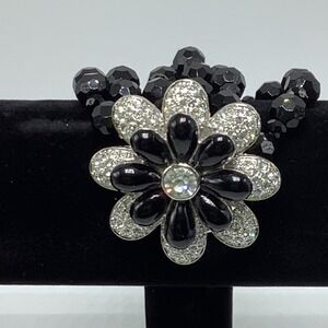 Lia Sophia Corsage Stretch Bracelet Black & Rhinetsone Flower